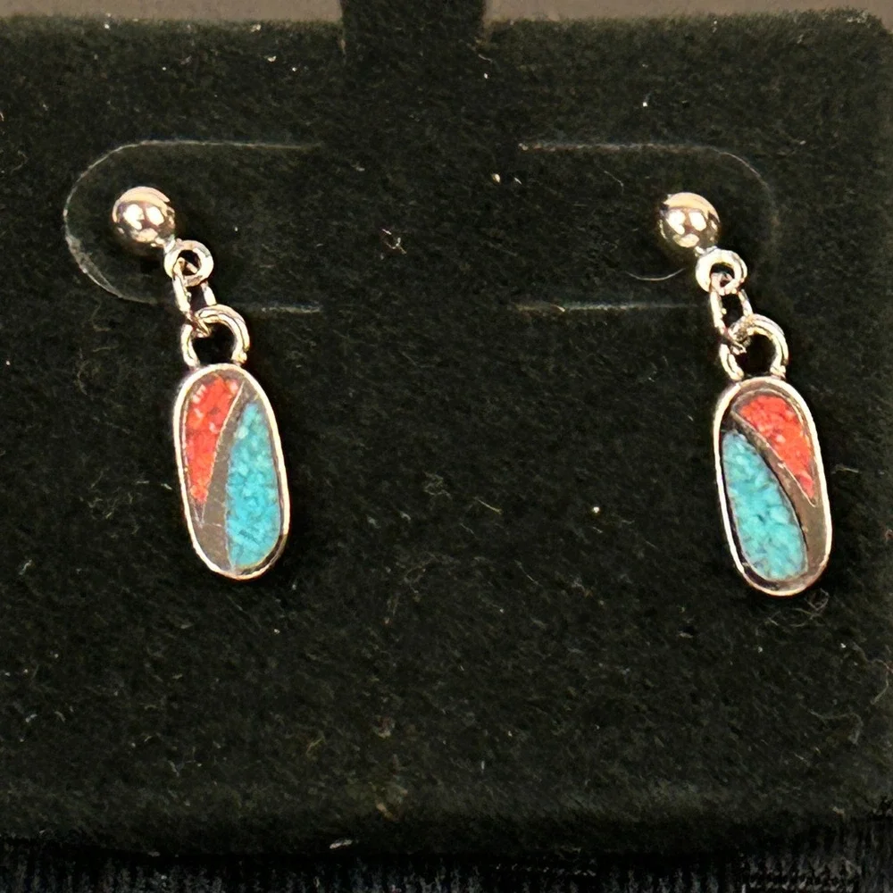 COP Southwestern Turquoise and Coral Crushed Stone Inlay‎ Oval Drop Earrings